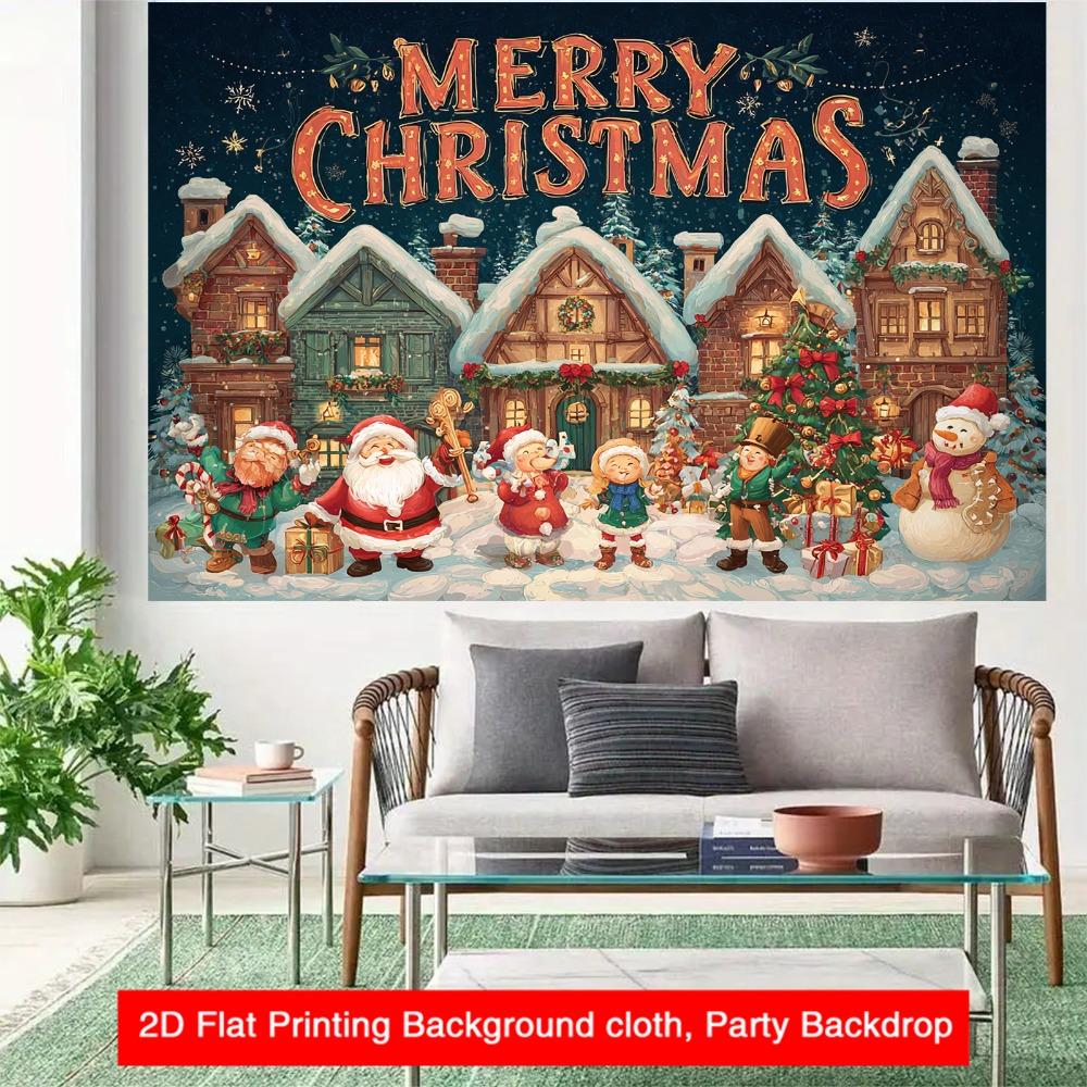 1 Piece, Christmas Holiday Village Scene Snowflake Background Fabric, Christmas Retro Photography Background