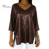 Regular Fit Blouse Women Tops V-Neck 3/4 Sleeves Loose Pullover Solid Everyday Wear Top Color Glossy Design Casual Clothing Shirt