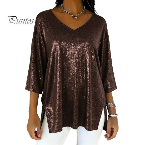 Regular Fit Blouse Women Tops V-Neck 3/4 Sleeves Loose Pullover Solid Everyday Wear Top Color Glossy Design Casual Clothing Shirt