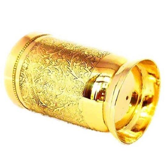 Pure Brass Glass Tumbler with Etching Art Finish, Indian HANDWORKED, (Pack of 2)