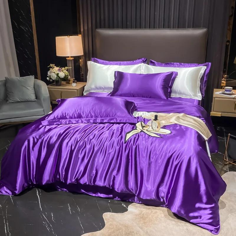 Conjunto de Roupa de Cama Nórdico 100% Seda com Capa de Edredom Lençol Fronha Luxo Casal Solteiro Casal Verão Liso Rainha Rei Lençol