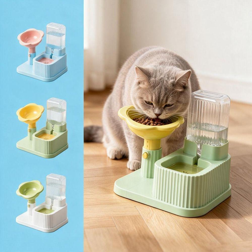 2-in-1 Pet Bowl Adjustable Height Automatic Water Dispenser Cat Water Food Bowl Cat Feeding