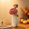Hand Carved Portrait Sculpture Girl Holding Bouquet Resin Figurine, Faceless Lady Statue, Romantic Desktop Ornament for Cream Style Room Decor Living