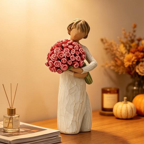 Hand Carved Portrait Sculpture Girl Holding Bouquet Resin Figurine, Faceless Lady Statue, Romantic Desktop Ornament for Cream Style Room Decor Living