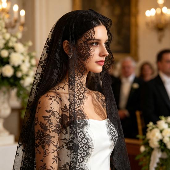 Lace Veil Mid-Length Shawl with Exquisite Lace Binding Elegant Head Scarf for Bridal Gothic Halloween Lolita Dress Matching