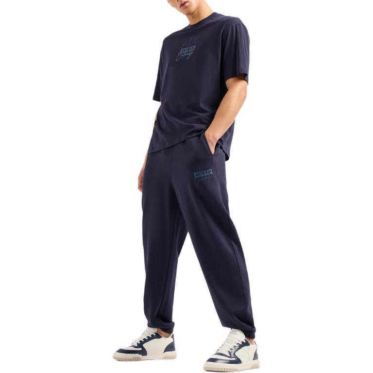 Armani Exchange SS24 Solid Color Elastic Waist Loose Fit Cuffed Casual Pants Men Bottoms Navy-Blue 3DZPHK-ZJXRZ-15CX