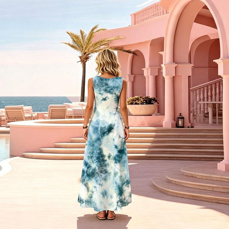 Tie-Dye Sleeveless Flowy Maxi Dress Lightweight Loose Fit,Versatile Vacation Loungewear for Travel Photo Shoots,Casual Style