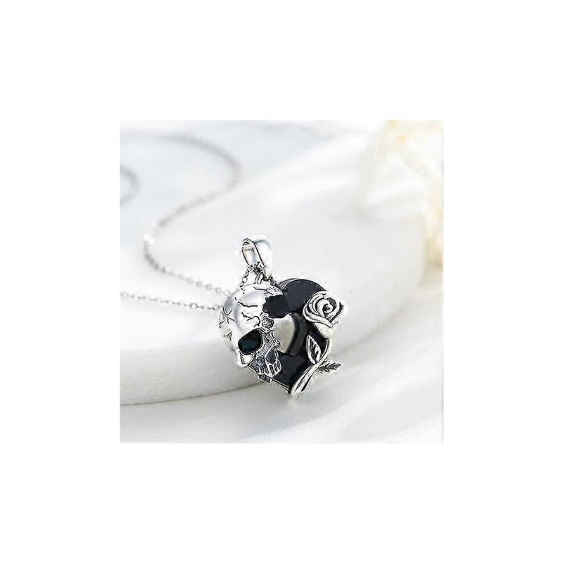 Schädel Halskette Sterling Silber Rose, Gothic Anhänger Herz Halskette, Schwarze Österreichische Kristall Halskette, Halloween Halskette Schmuck