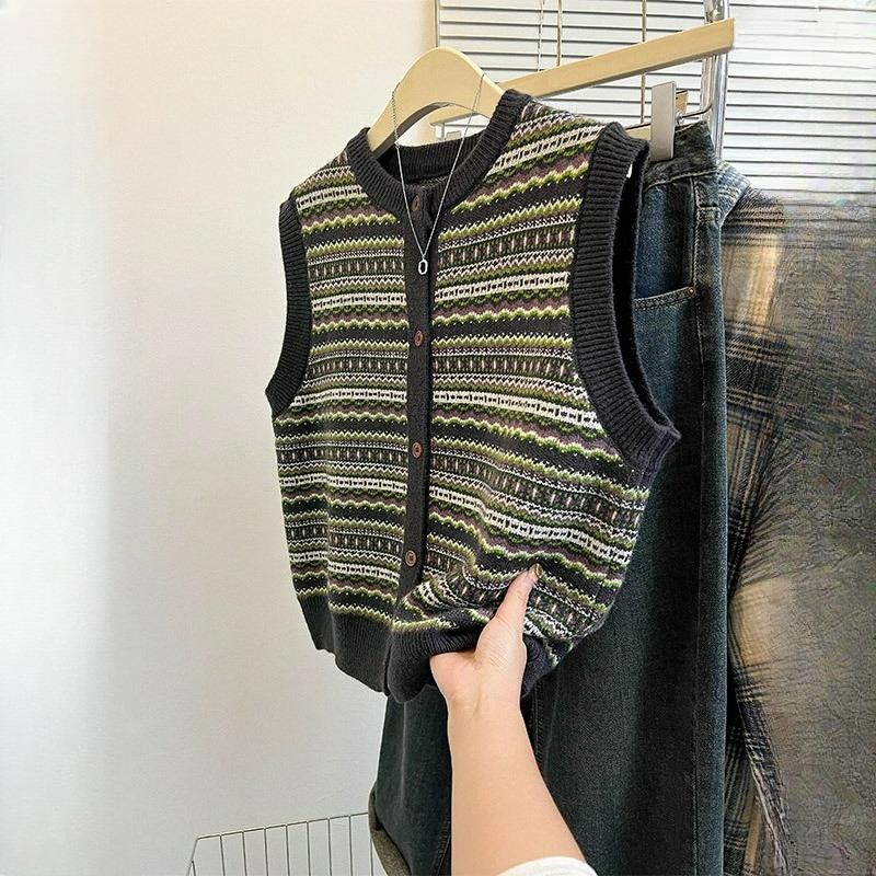 Outer Wear Retro Style Knitted Vest Women's Spring and Autumn Stacked Casual Loose Jacquard Age-reducing Sweater Vest Women