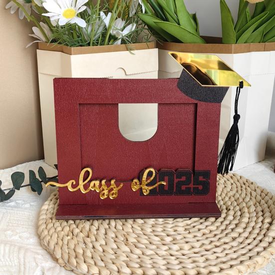 Dřevěný fotorámeček k promoci 2025, fotorámeček na památku s promoční čepicí, dárek pro střední školu a vysokou školu