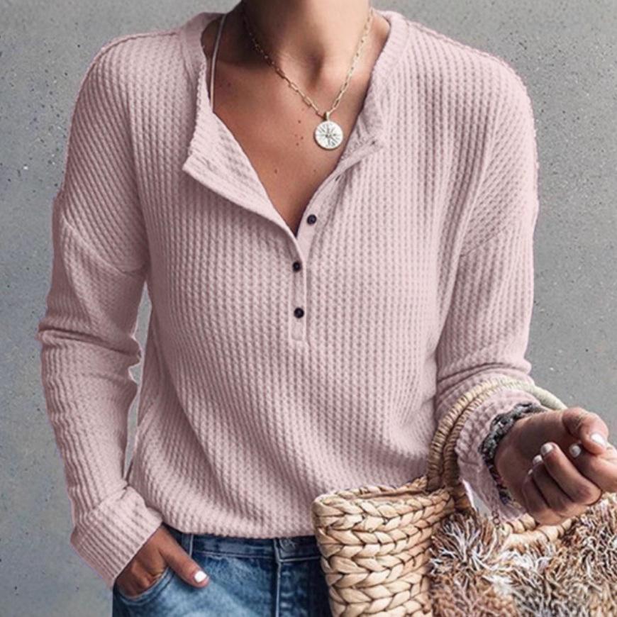 2025 Jesień Europejski i Amerykański Styl Damski Jednokolorowy Jednorzędowy Wafelkowy Top z Długim Rękawem