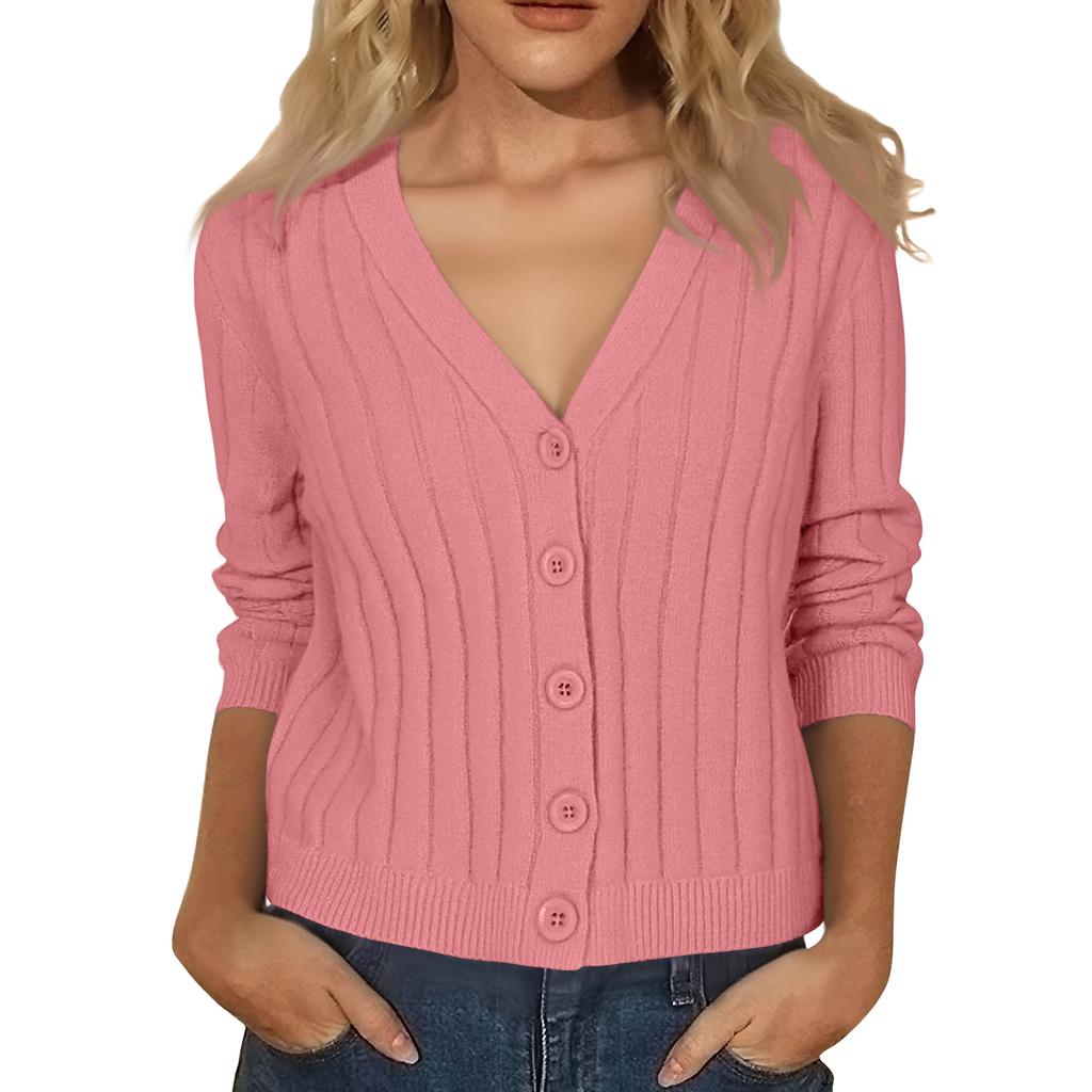 Women's Fashion Long-Sleeve V-Neck Lightweight Knit Sweater Solid Color Outerwear Top