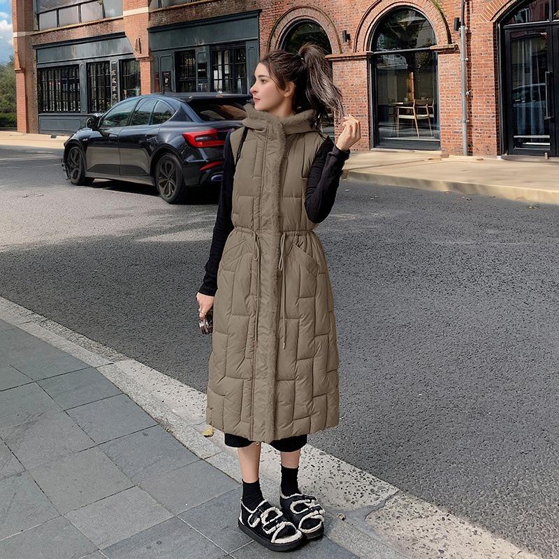 Jesienno-zimowa bawełniana kamizelka z kapturem damska do talii do kolan modna pogrubiona odzież wierzchnia