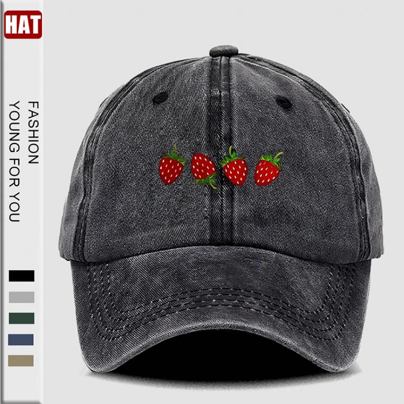 pc Strawberries Printed Hat Washed Baseball Hats for Men Beach Hat for Women Breathable Caps Hot Selling Adjustable DAD Hat
