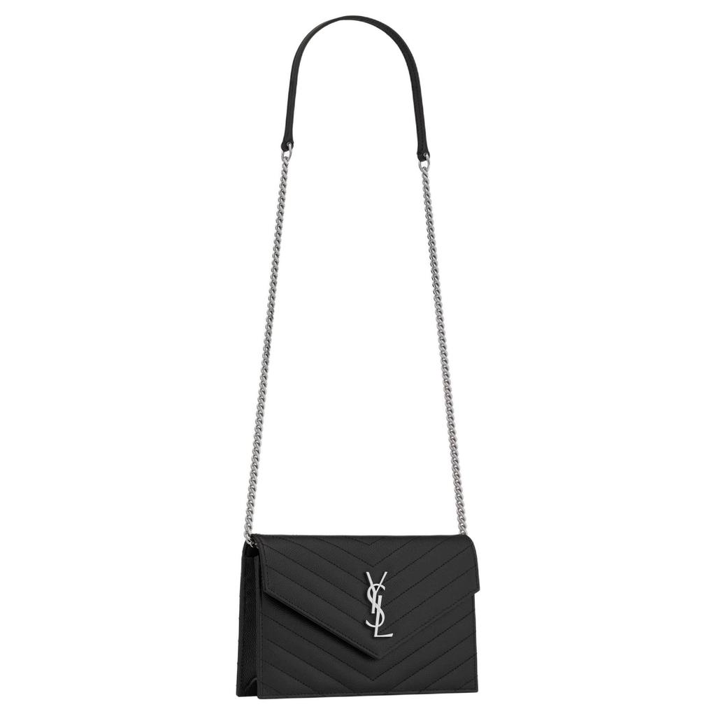 Saint Laurent Ysl Obálka Stříbrné Logo Prošívaná Zrnité Ražené Kožené Obálka Peněženka na Řetízku Taška přes Rameno Crossbody Taška Dámské Tašky Černá 393953BOW021000