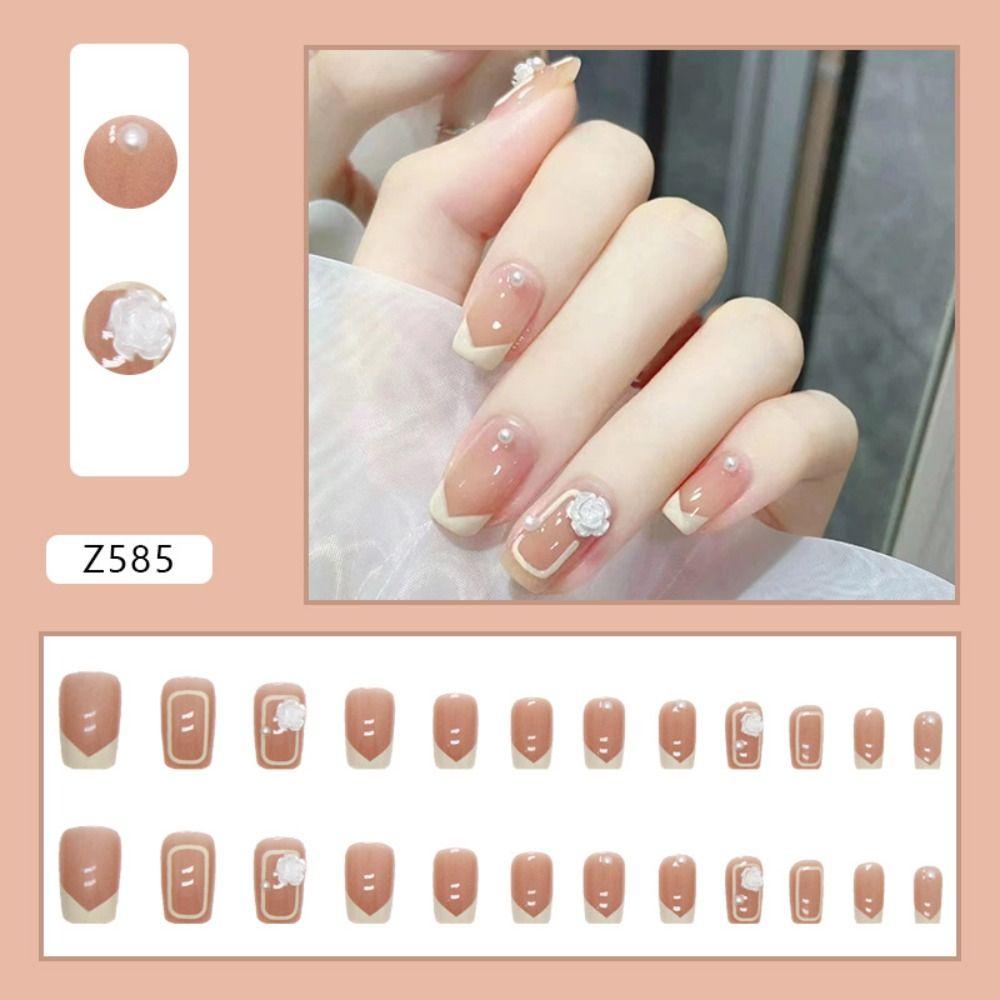 24pcs Nail Tips Press On Nails DIY French Blue Wavy False Nails Short Square Flower Love Heart