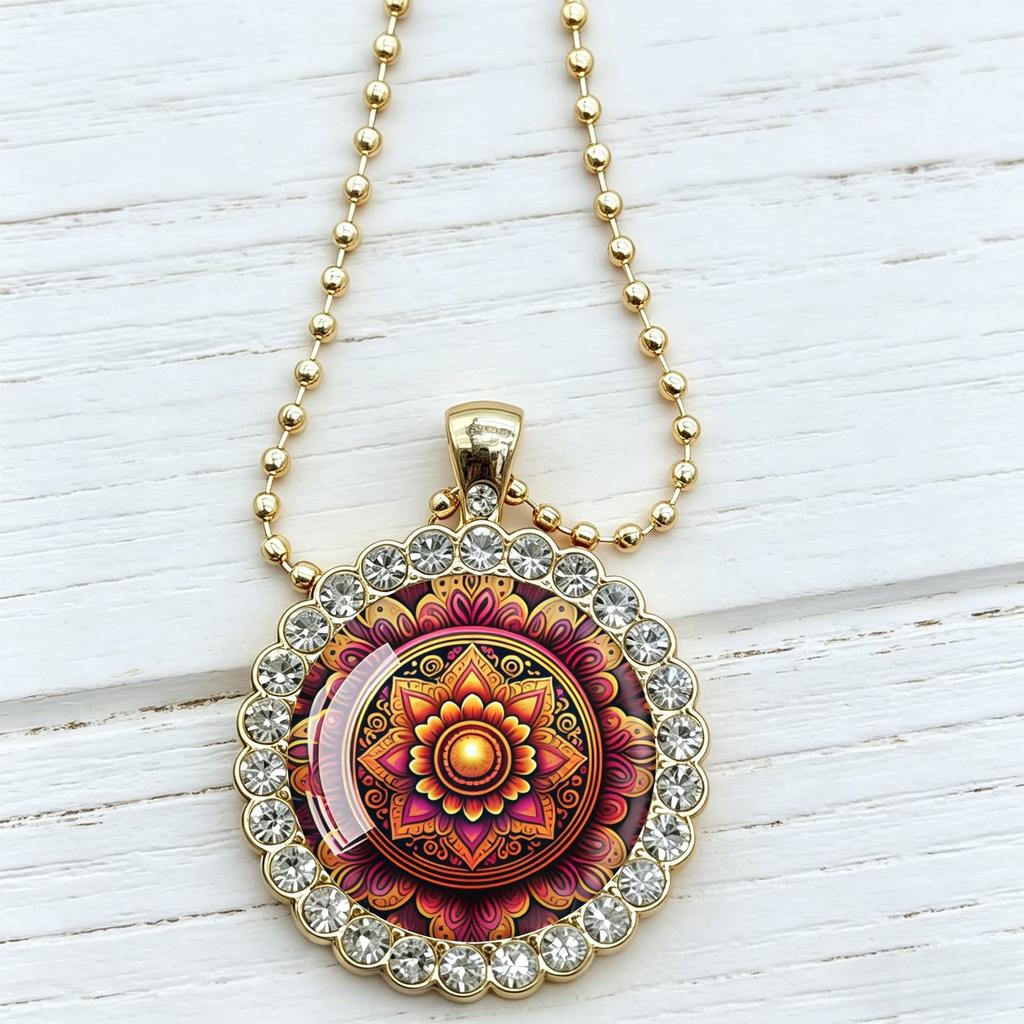 Red and Orange Mandala Pattern Light Luxury Necklace Fully Inlaid with Bezel High-end Accessories