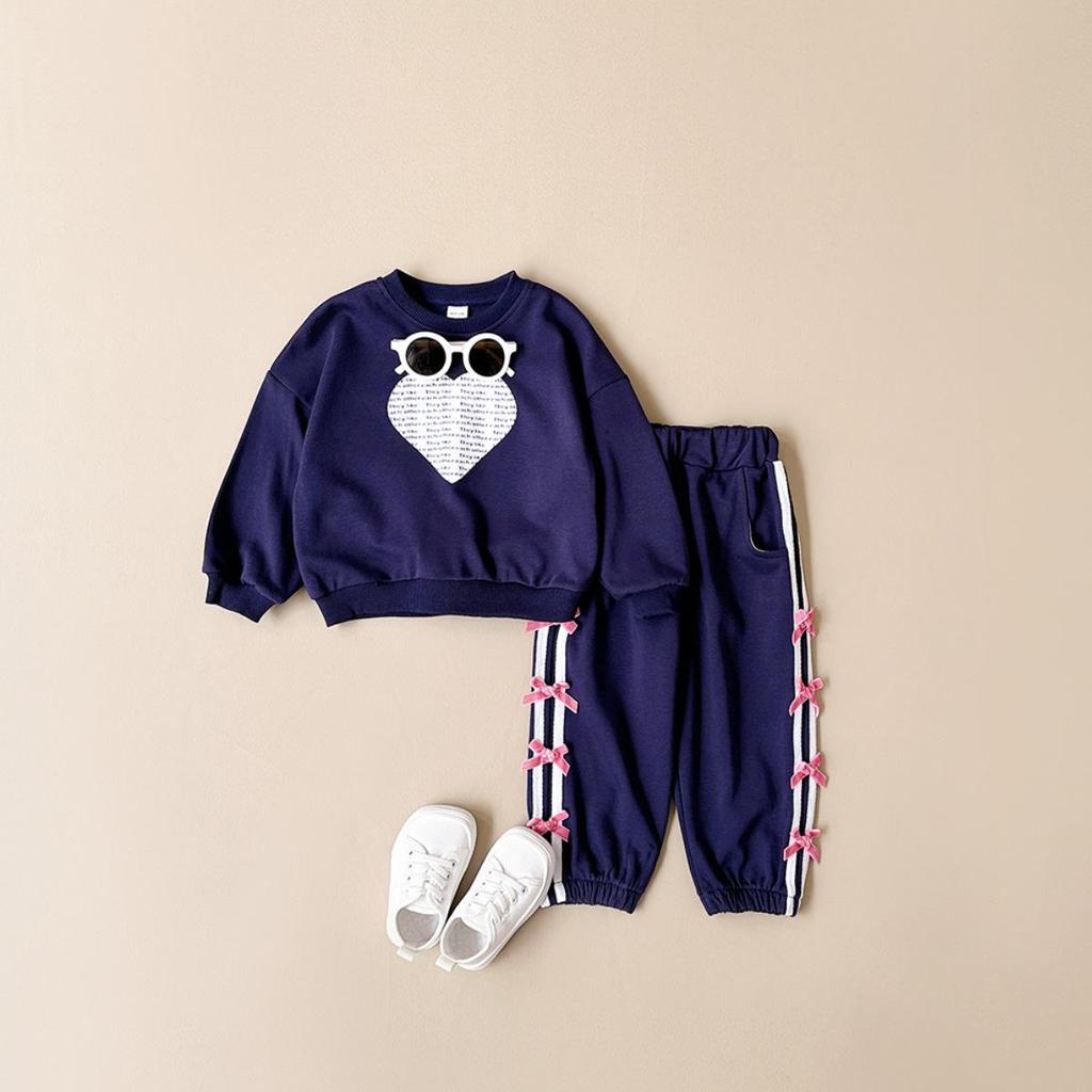 Children's Wear 2026 Spring/Autumn Heart Print Top & Bowknot Pants Girls' Set