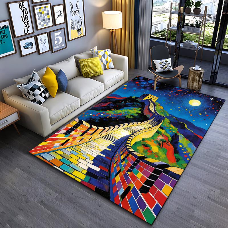Colorful Great Wall of China Pattern Living Room Carpet, Starry Night Style Suitable for Use As an Anti-slip for Living Room Bedroom Sofas