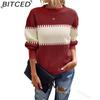 BITCED Color-Block Striped Sweater with Lantern Sleeves Women's O-Neck Top in European Style
