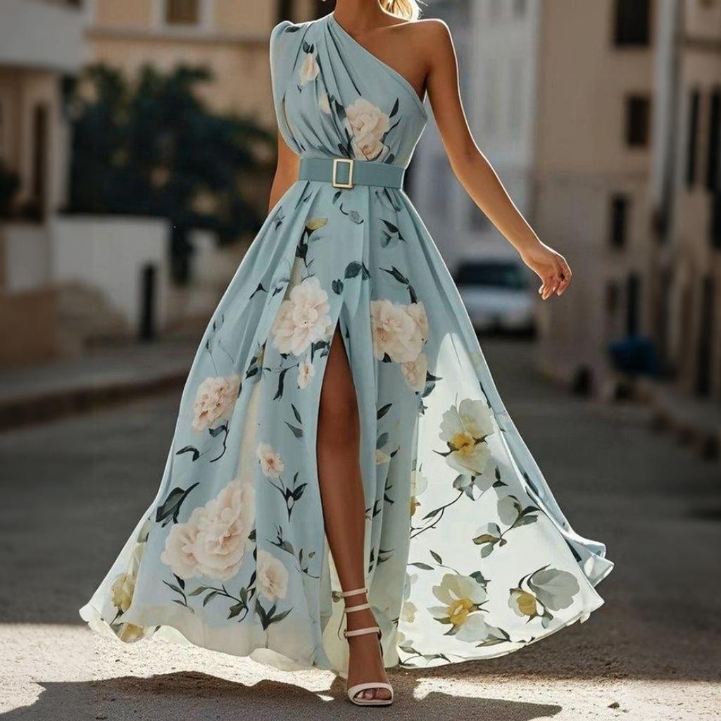 Women Floral Print Sleeveless Maxi Dress with Belt One Shoulder Design High Slit Long Dress for Casual or Formal Wear