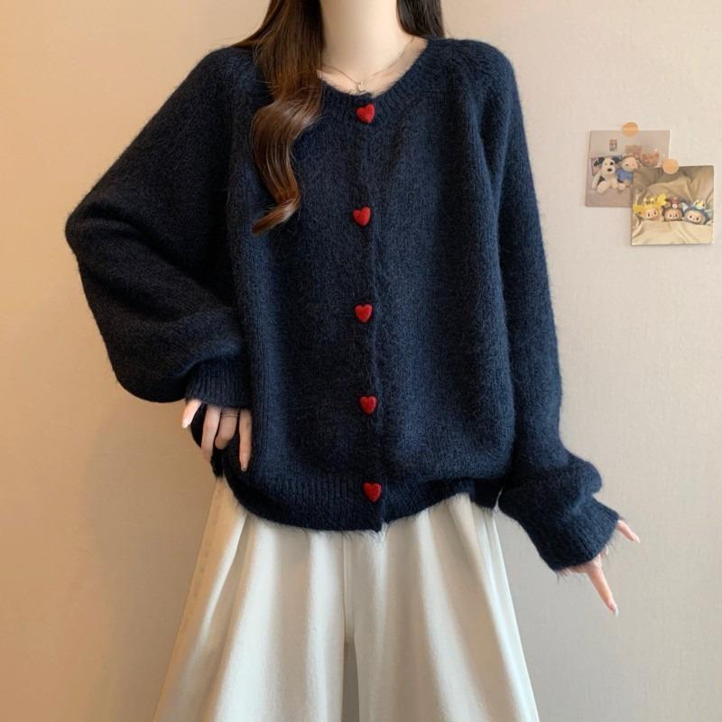 Love Single-breasted Age-reducing Soft Waxy Sweater Jacket Women's Autumn and Winter Loose and Thin Shoulder Sleeves Knitted Top Cardigan