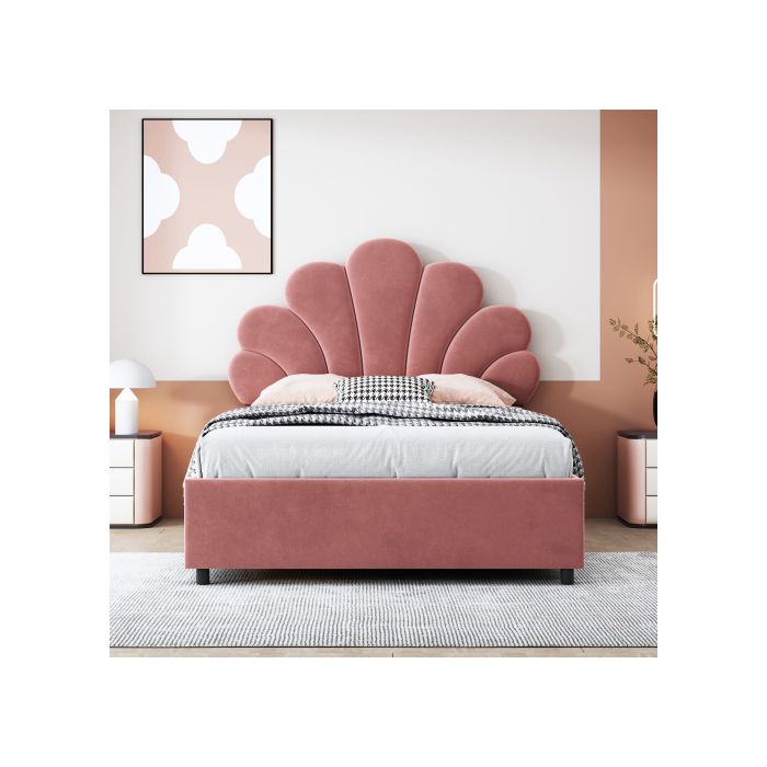 Lit enfant - MUVOE - 90 x 200 cm - Tête de lit fleurie - Rembourré en velours - Rose