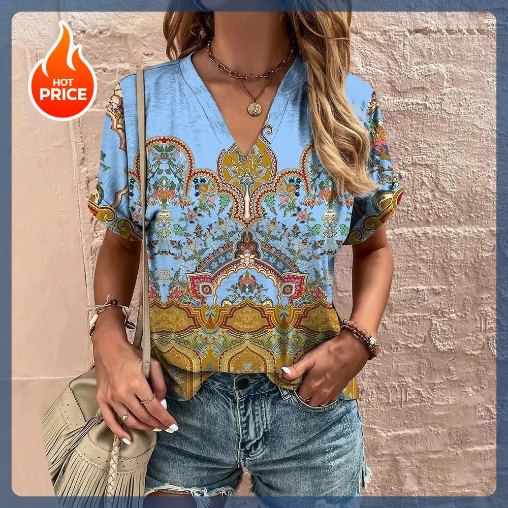 Vintage V-Neck Women's T-Shirt Summer Short Sleeve Tee Casual Harajuku Stripe Print T Shirt for Women Streetwear Pullover Tops