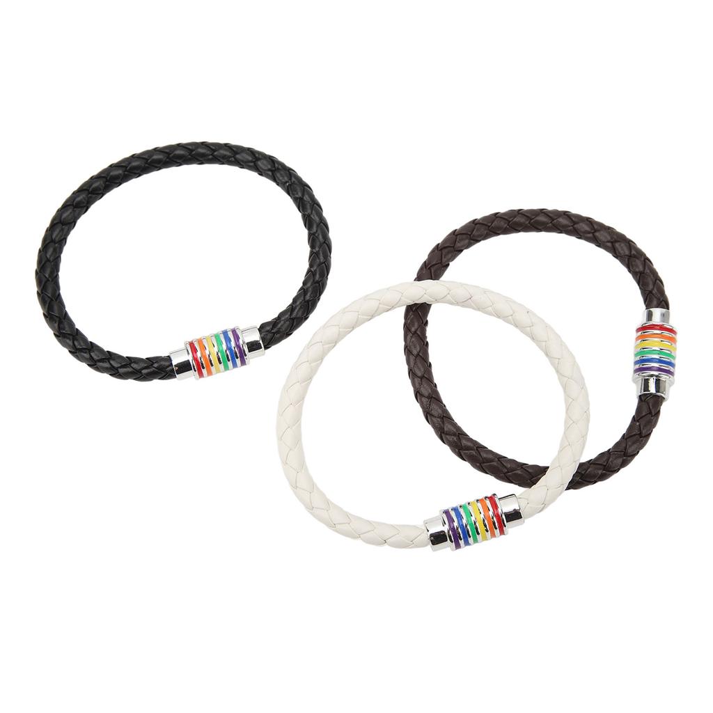 3PCS LGBTQ Bracelet Leather Stainless Steel Pride Woven Braided Magnet Lock Black Brown White LGBTQ Jewelry