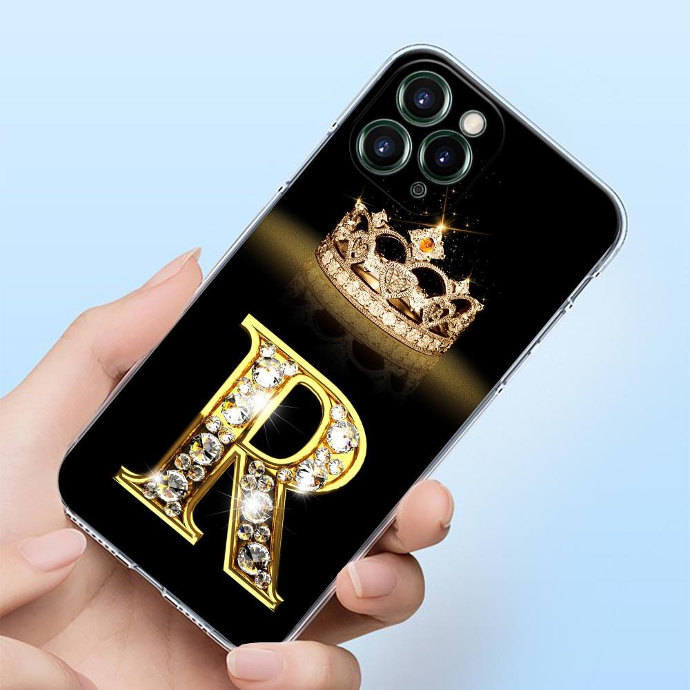 Diamond Crown First Initials Letter N T Z Shell Case for iPhone 15 16 11 12 13 14 Pro Max Mini 16 Plus Transparent Cover Fundas