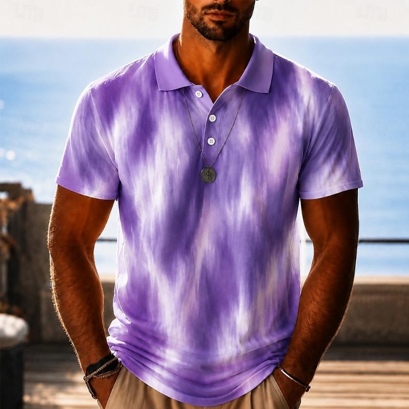 Men's Light Blue Tie Dye Print Polo Shirt, Casual Tops For Spring Summer Daily Streetwear & Beach Vacation Occasions