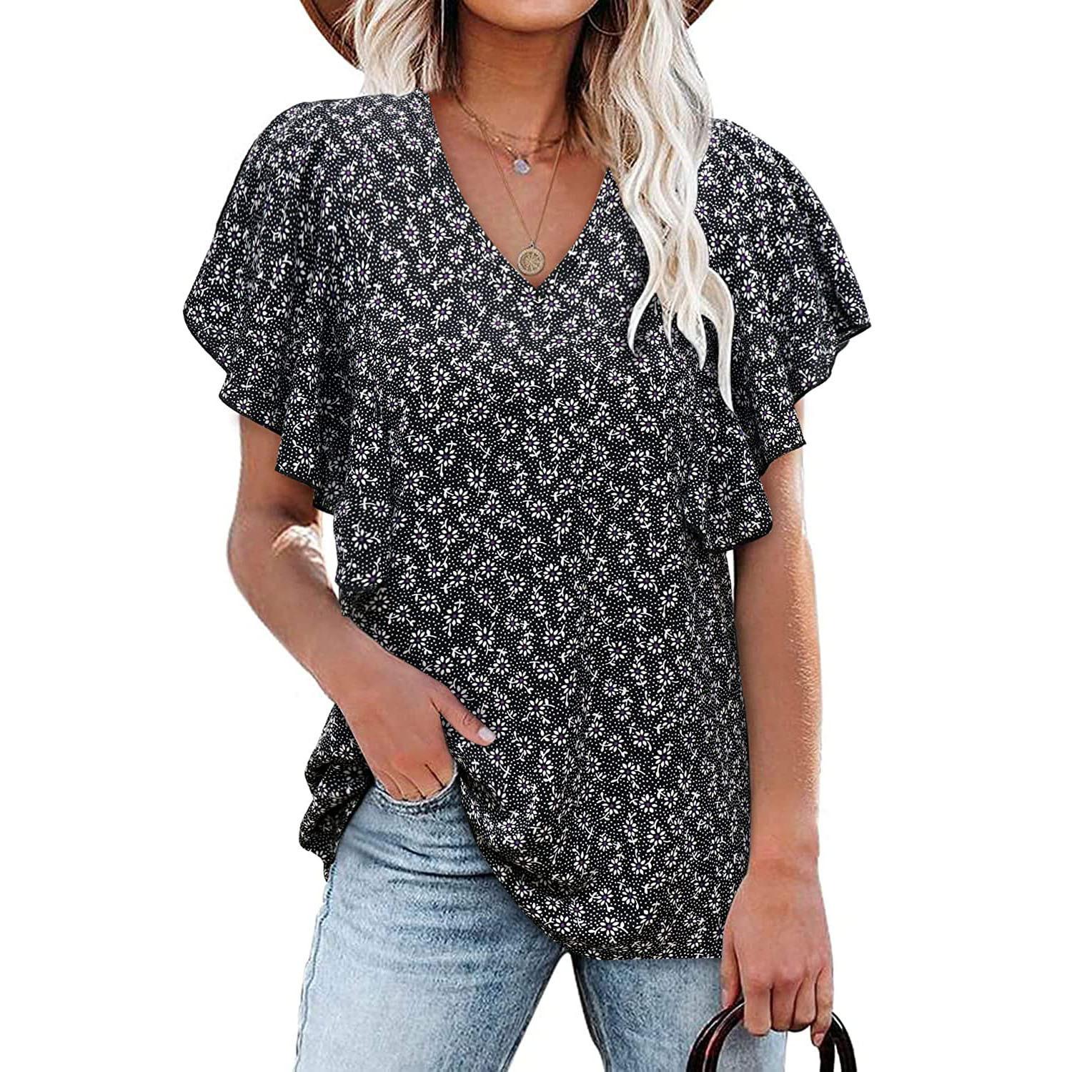 Summer Women s 2026 New V-Neck Floral Pleated Shirt Casual Short Sleeve Top for Women S чёрный