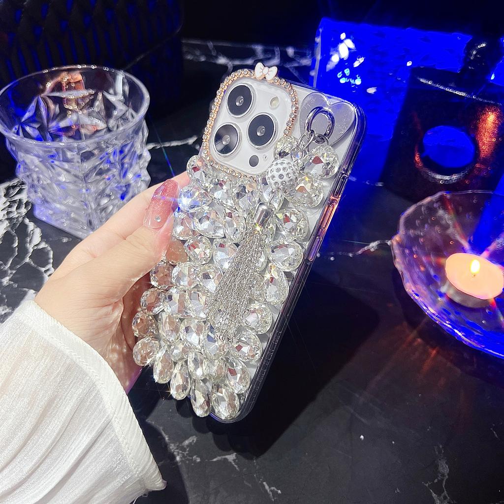 For iPhone 16 Pro Case with Tassel Glass Rhinestone Decor TPU Phone Back Cover