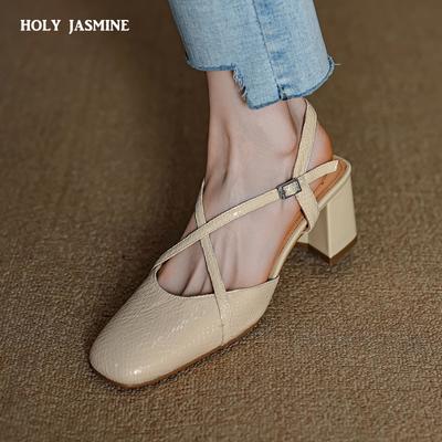 2024 New Spring/Summer Women Shoes Split Leather Shoes for Women Square Toe Chunky Heel Women Sandals Retro Cover Toe Shoes