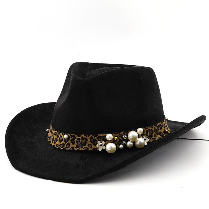 European and American fashion leopard print pearl suede top hat women's jazz hat autumn and winter versatile felt hat flat edge cowboy hat