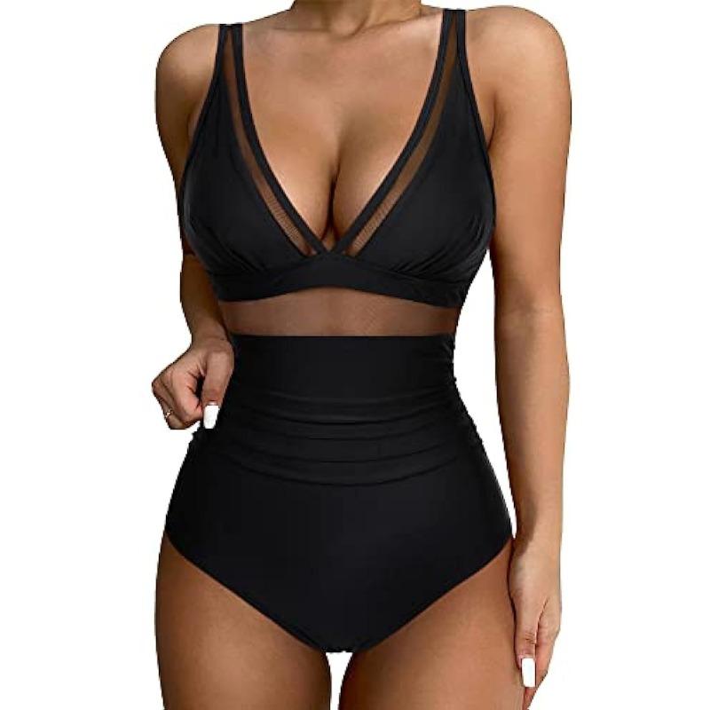 One-piece swimsuit sexy cutout mesh deep V gather perspective bikini bikini swimsuit