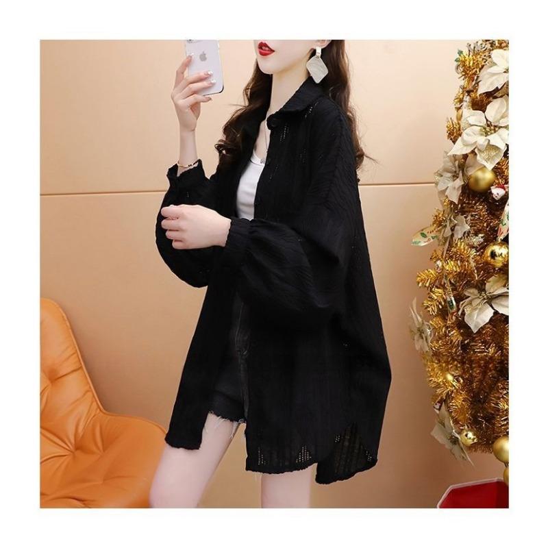 Women Loose Hollow Out Thin Breathable Casual Sunscreen Long Sleeve Shirt Outerwear