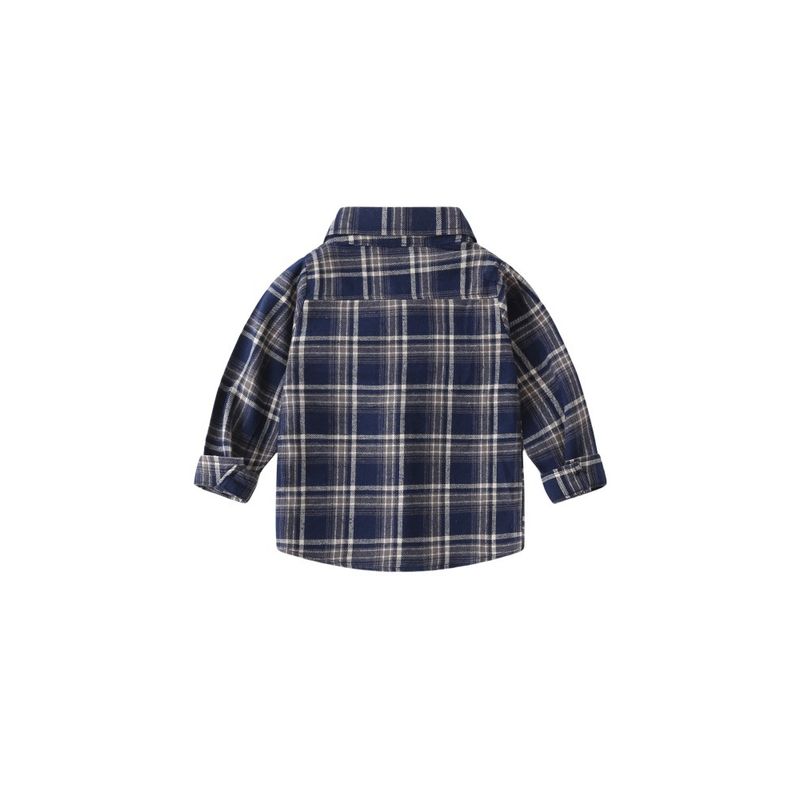 Children's Collared Shirt for Spring and Autumn, Boys' Brushed Plaid Long-Sleeve Shirt, Baby Boy's Square Collar Pure Cotton Casual Top