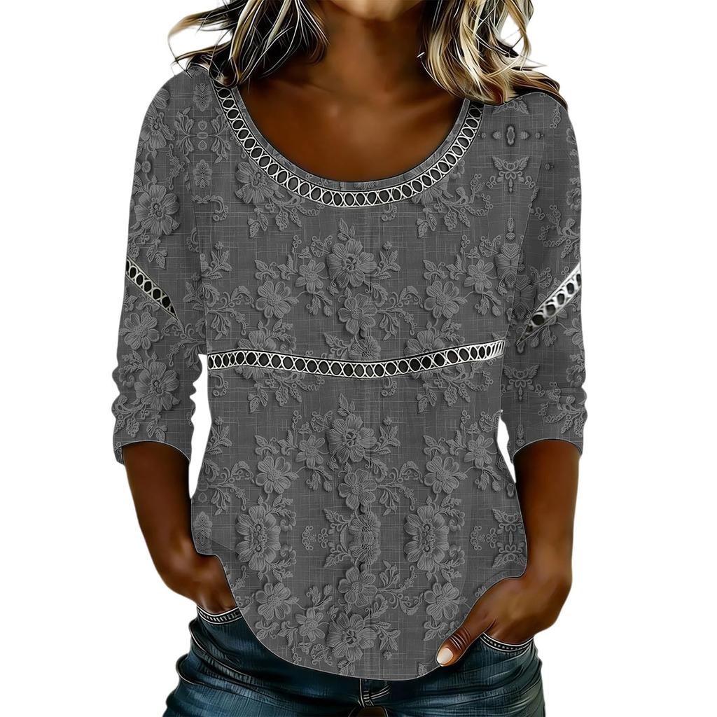 Women's Fashionable Casual Floral Print Seven Quarter Sleeved Round Neck T-Shirt Top