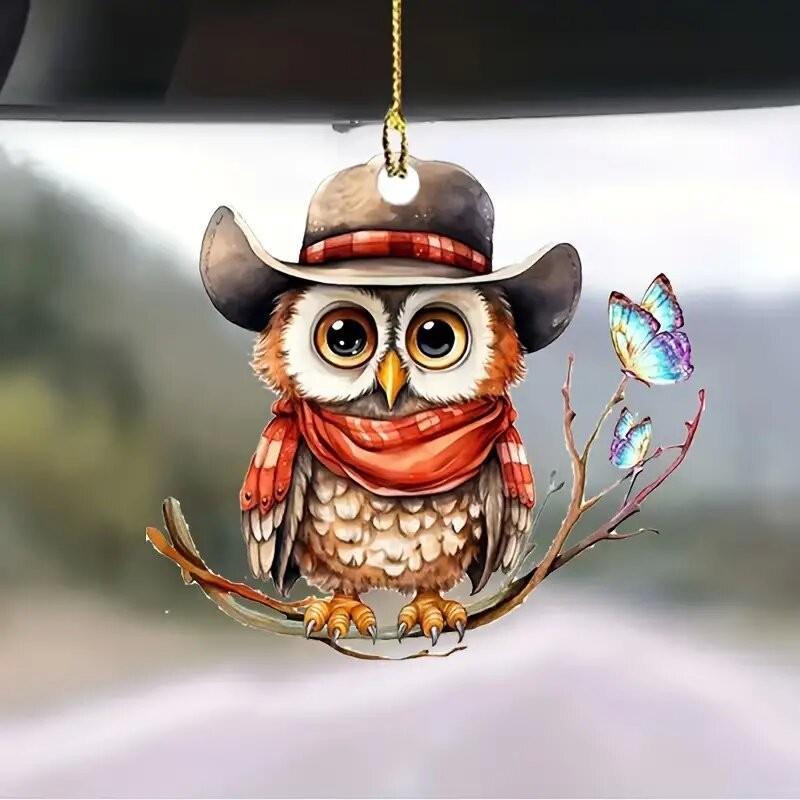 Charming Cartoon Hooded Owl Car Pendant Acrylic Keyring For Festive Decor