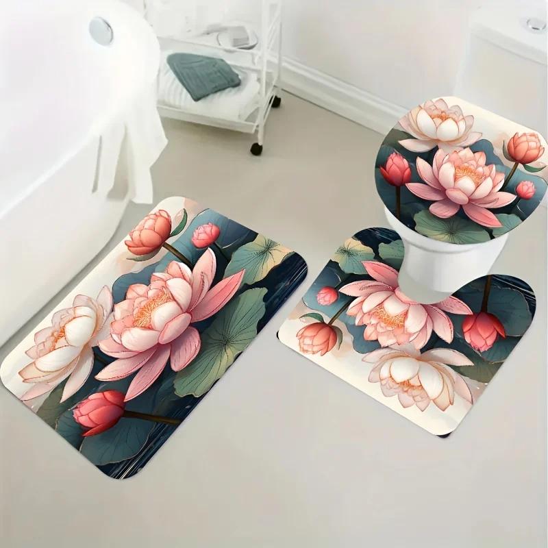 4pcs, The for Lotus landscape is elegant and refined pattern, Apartment bathroom, Shower Room shower curtain set with