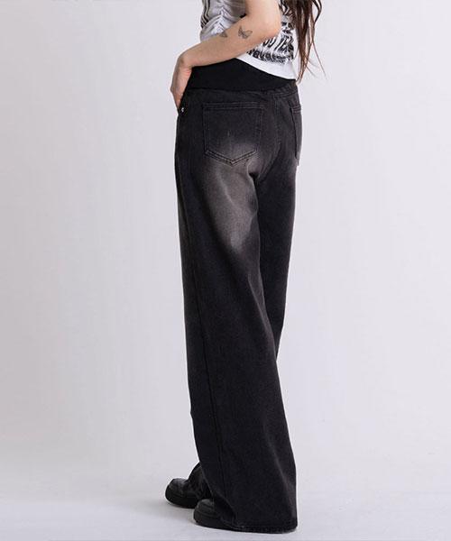 Elleonasi P52_[Short, Standard, Long / S~3Xl / 3 Colors] Half-Elastic Waist Wide Denim Pants / Black Denim
