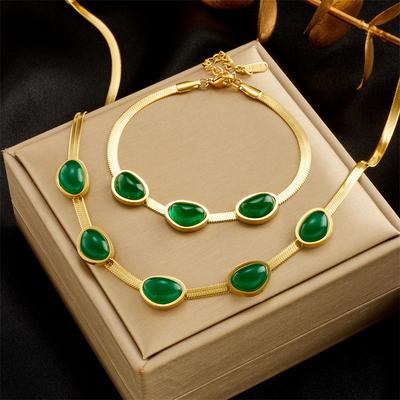 Gold Plated Green Agate Jewelry Set, Herringbone Chain Necklace Bracelet with Oval Jade Charm, Vintage Luxury Jewelry Set for Women