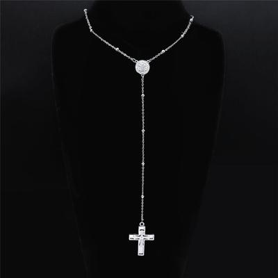 Cross Rosary Catholic Multilayer Necklace Saint Benedict Medal Beads Stainless Steel Silver Color Long Necklaces Jewelry N1172S0