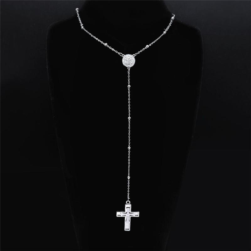 Cross Rosary Catholic Multilayer Necklace Saint Benedict Medal Beads Stainless Steel Silver Color Long Necklaces Jewelry N1172S0