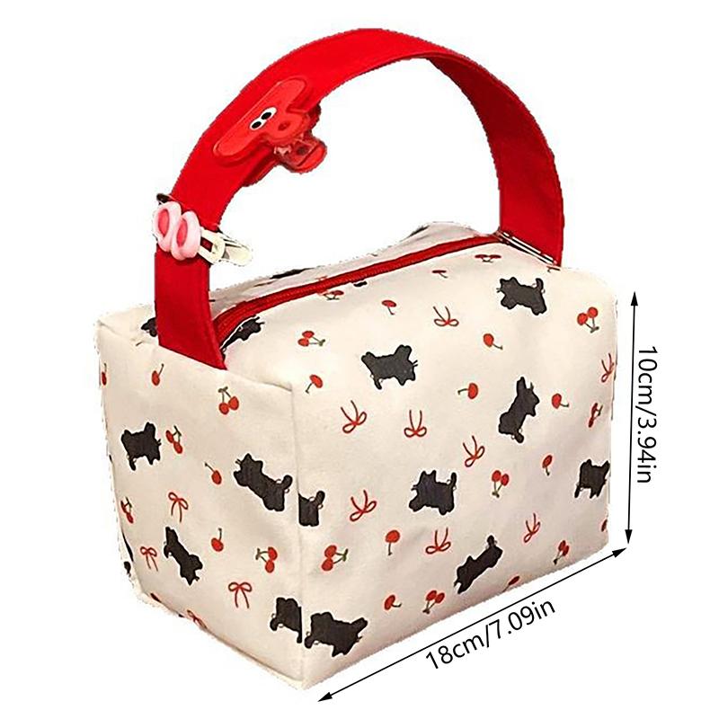 Cute Black Cat Cherry Bow Print Handheld Cosmetic Bag High Capacity Travel Portable Sundries Storage Bag Fashion Makeup Bag Gift