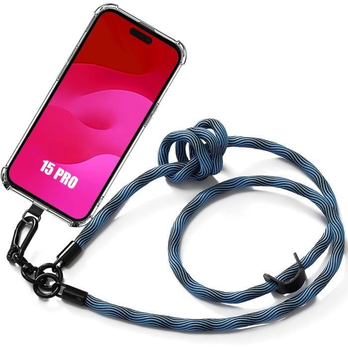 Coque - EF CONNECTION - pour iPhone 15 Pro - Protection Antichoc - Cordon Détachable - Silicone Bleu