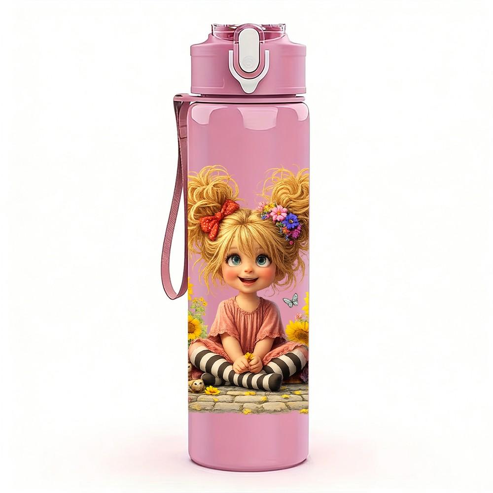 1PC Curly Hair Girl Sunflower Field Print 750ml Color Plastic Sports Water Bottle Leakproof Flip Straw Lid Suitable for Sports Office Home Use