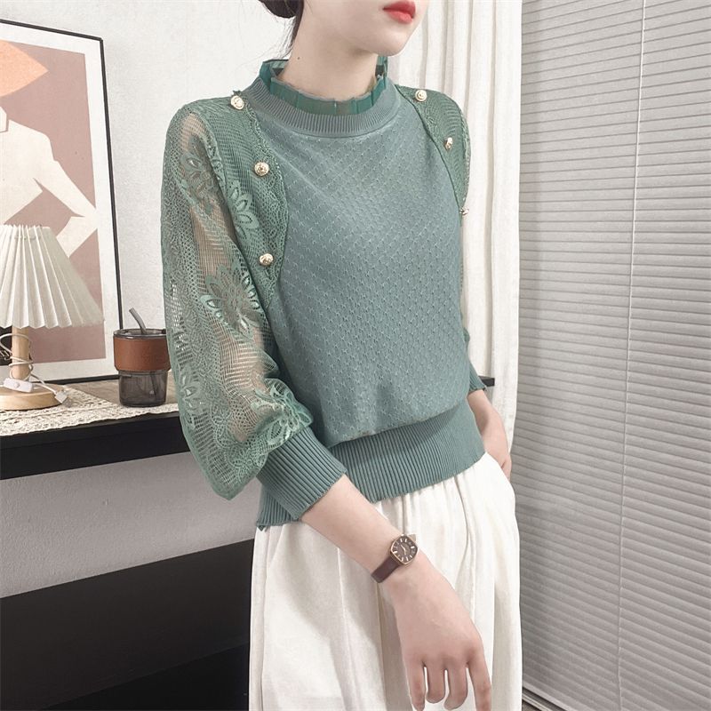 

Ажурная трикотажная женская рубашка с тонким низом, топ-фонарик с длинными рукавами и кружевом в стиле пэчворк 2XL