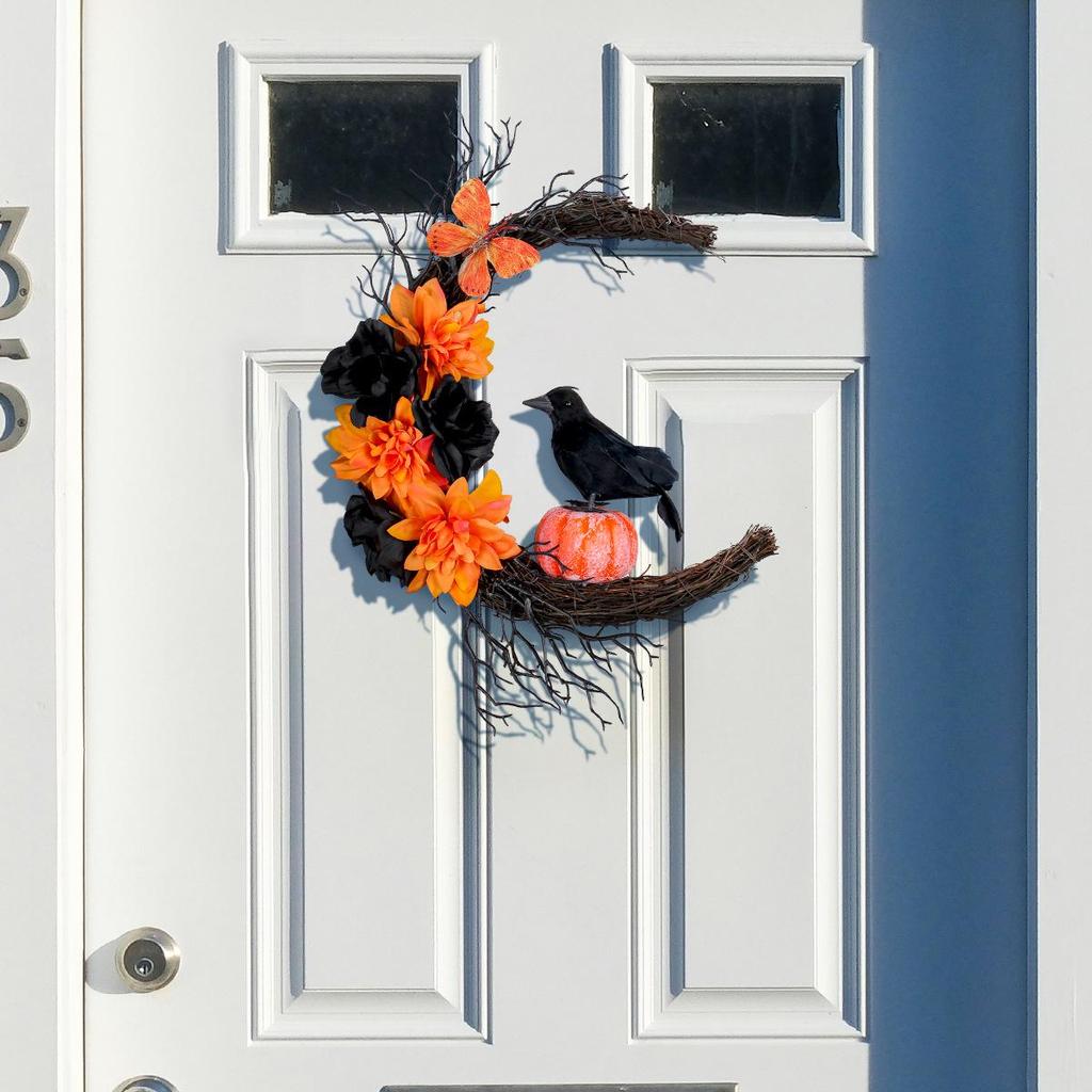 Gruseliger Halloween-Kranz: Orange & Schwarze Krähe mit Mond, Kürbissen & Getrockneten Ranken – Perfekte Tür- oder Wand-Festivaldekoration